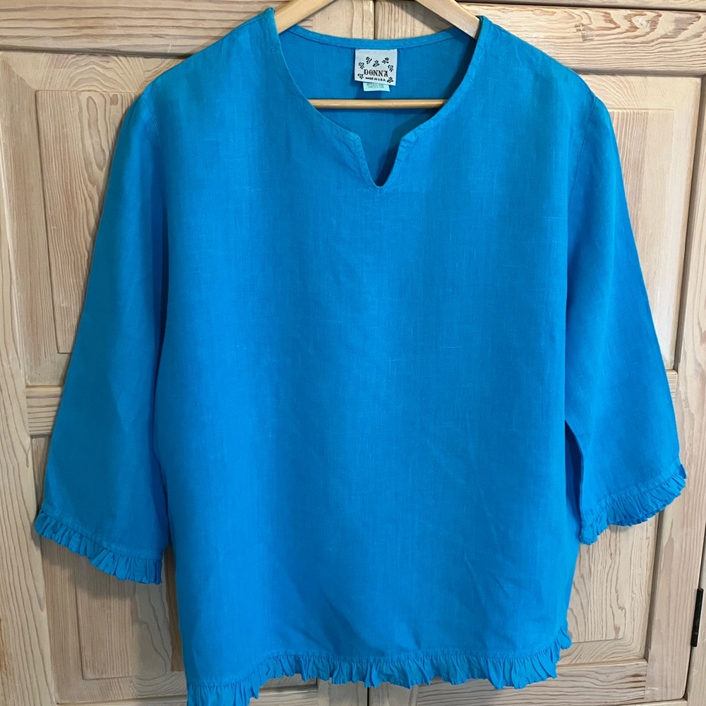 Vintage Linen Top Made in USA Donna Relaxed Fit Casual Linen Shirt